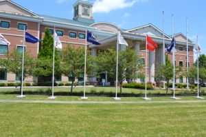 building with flags